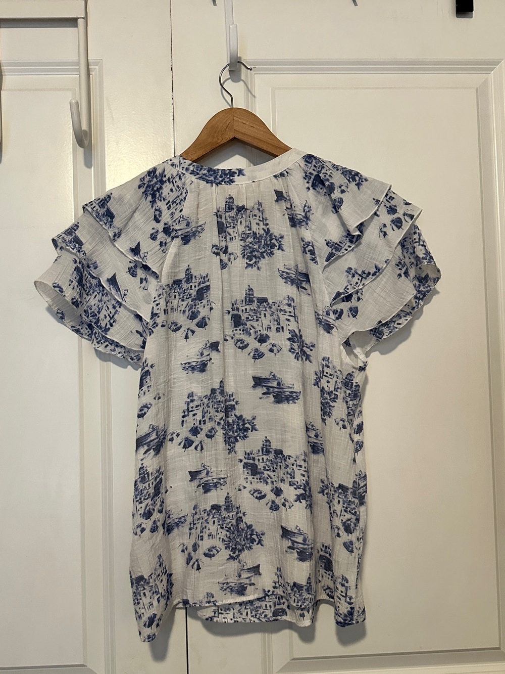 Blue Floral Linen  Ruffle Top - Picture 3 of 4